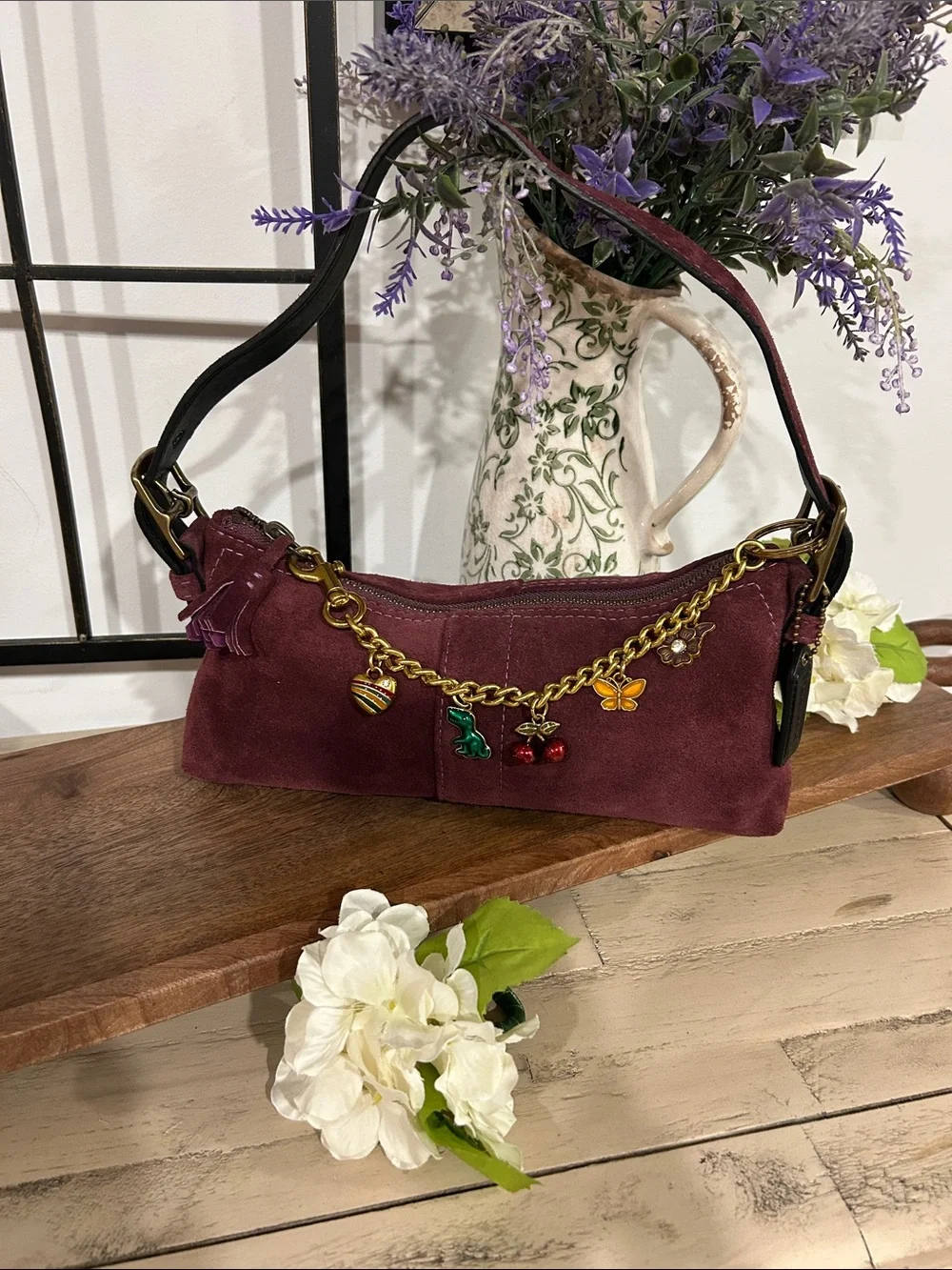 Coach Burgundy Suede Shoulder Bag with Gold Charm Chain